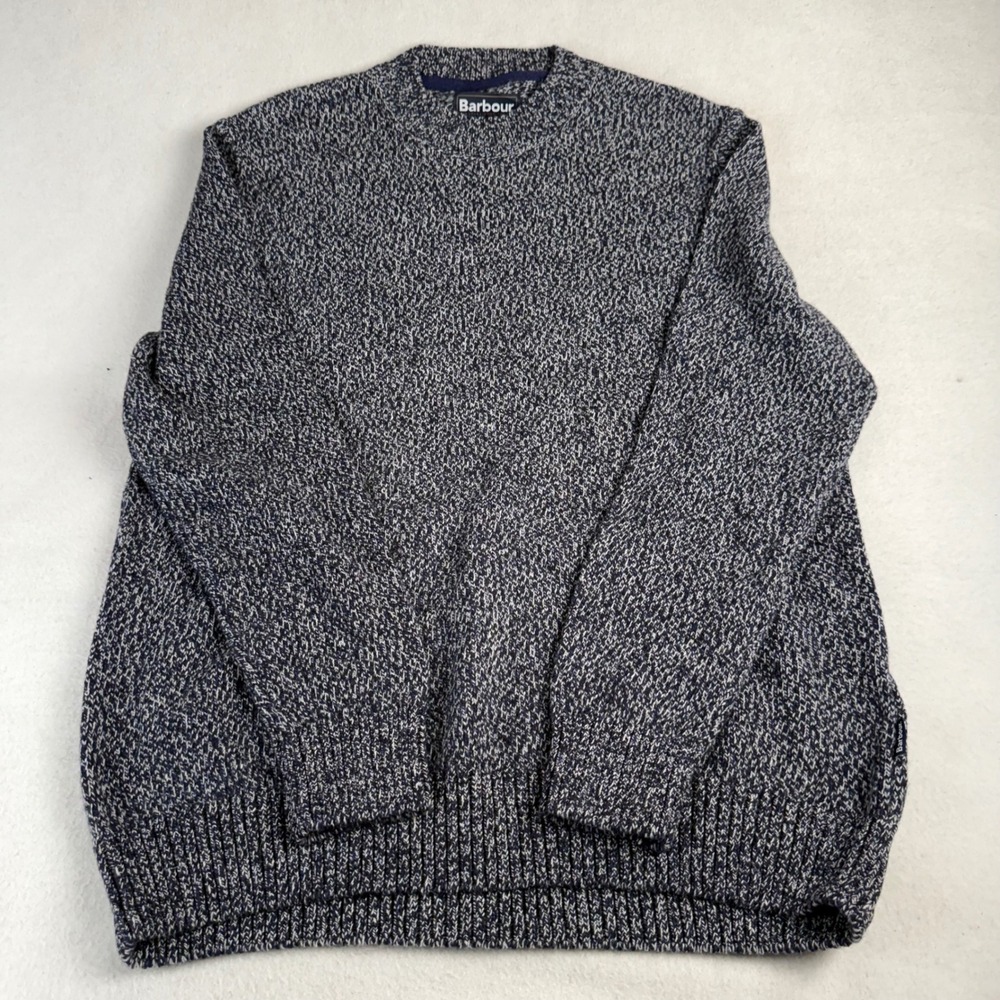 Barbour Mens Marled Knit Wool Cotton Crewneck Sweater Navy White Large